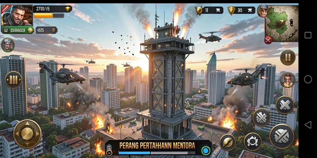 Tampilan gameplay intens dari 2757 dengan menara yang menyerang musuh.
