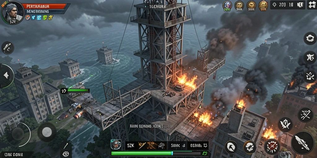 Tangkapan layar gameplay 5ZK menampilkan menara pertahanan yang strategis.
