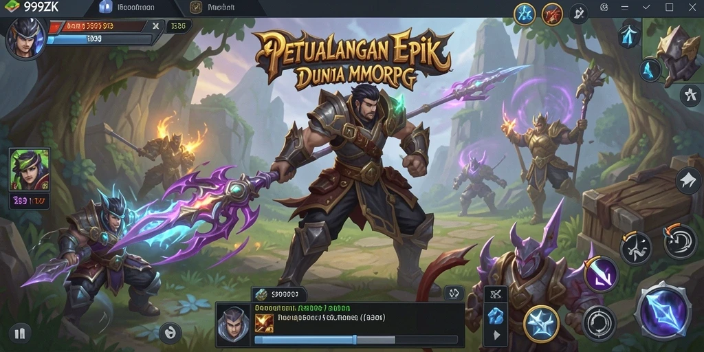 Tangkapan layar utama dari gameplay 999ZK menampilkan aksi seru dalam pertempuran MMORPG.