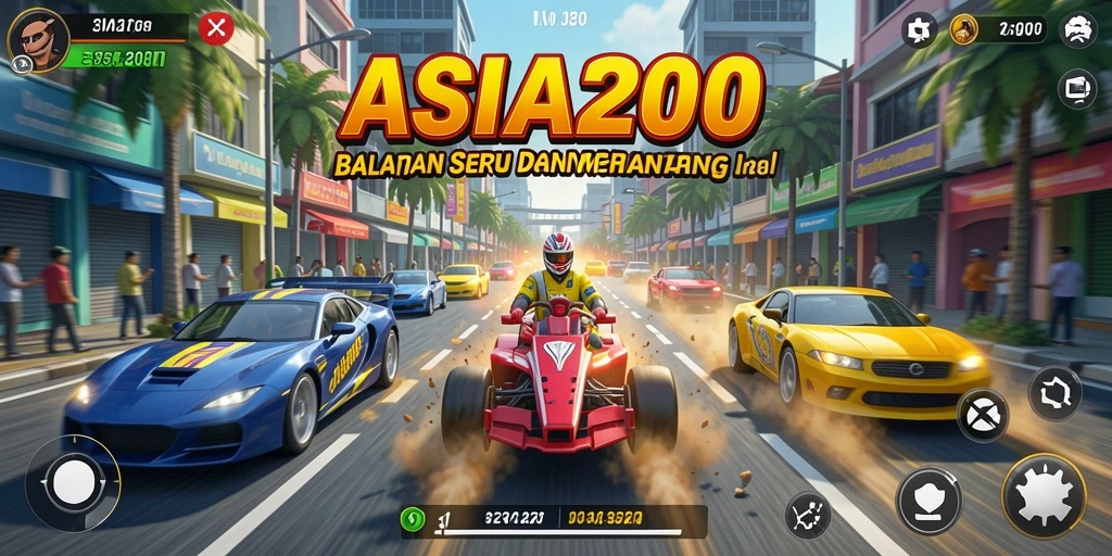 Tangkapan layar utama ASIA200 menampilkan aksi balap yang mendebarkan.