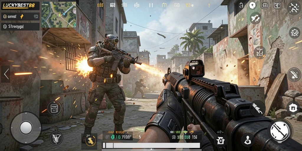 Gameplay sengit dalam LUCKYBEST88 dengan aksi tembak-menembak yang seru.