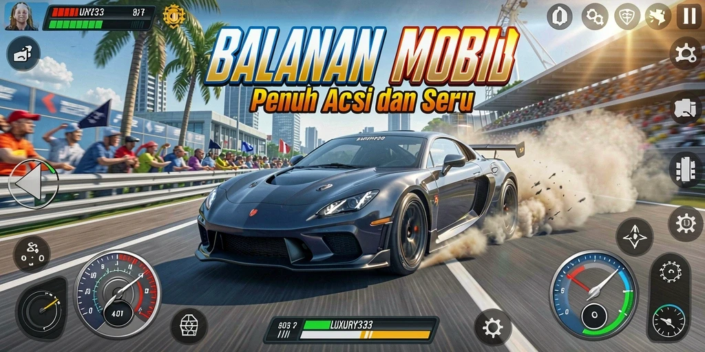 Tampilan gameplay yang mendebarkan dalam LUXURY333 di lintasan balap.