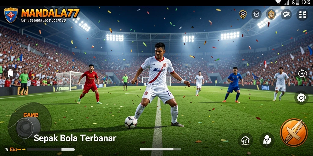 Screenshot gameplay MANDALA77 yang menunjukkan aksi di lapangan sepak bola.