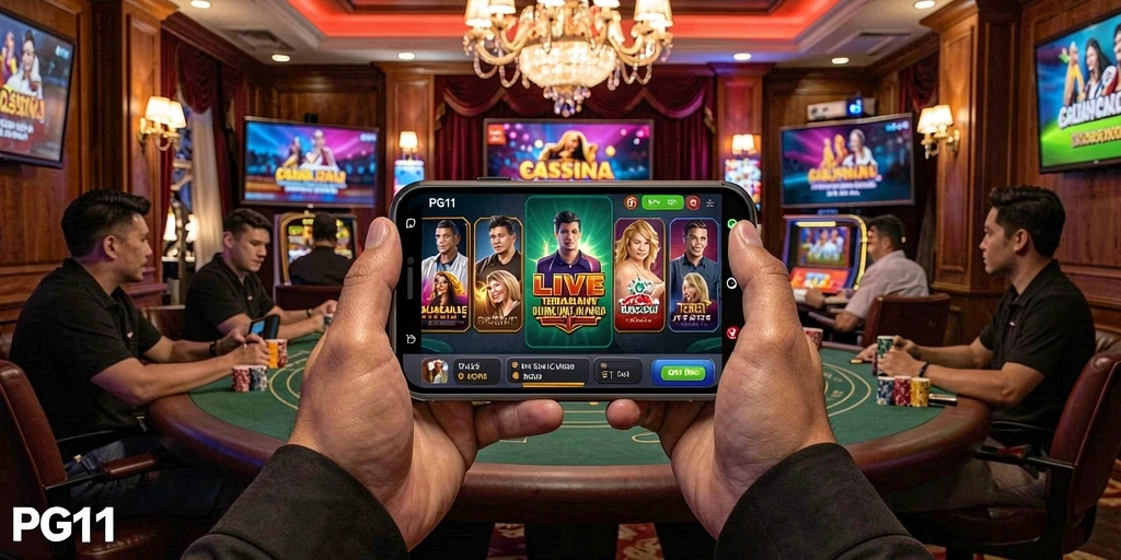Tangkapan layar PG11 menampilkan dealer langsung yang berinteraksi dengan pemain dalam permainan Live Casino.