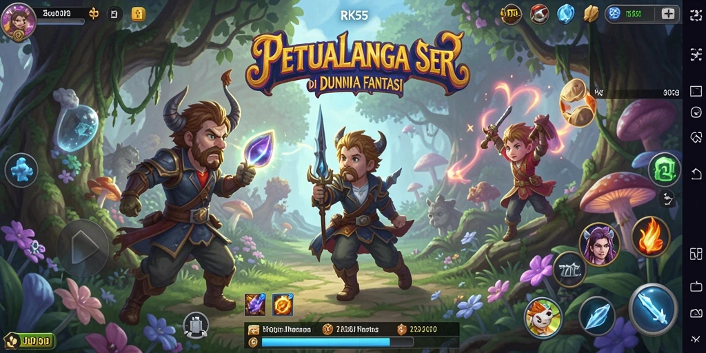 Tangkapan layar gameplay RK55 menampilkan petualangan di dunia fantastis.